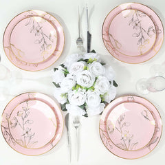Set of 20 Plastic Round Dinner and Dessert Plates in Dusty Rose with Metallic Gold Floral Design - Stylish Disposable Dinnerware 8", 10"