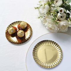 50-Pack Paper 5" Round Dessert Plates in Metallic Gold with Scalloped Rim - Disposable 250GSM Appetizer Party Plates for Banquets & Upscale Gatherings