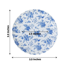 100-Pack Paper 3.5" Round Plates in White with Blue French Toile Design & Scalloped Rim - Disposable Mini 250GSM Dessert Party Plates for Tapas, Appetizers & Finger Foods