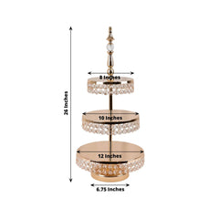 3-Tier Cake Stand Crystal Beaded Gold with Round Mirror Top - Metal Cupcake Tower Dessert Display 26"