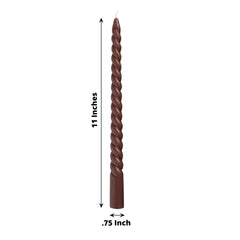 12-Pack Taper Candles Spiral Long Burn Wick Design Mocha Brown - Premium Unscented Wax Dinner Candle Sticks 11"