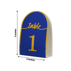 25-Pack Paper Wedding Table Numbers 1-25 Royal Blue Arch Cutout Design - Sleek & Modern Free Standing Double Sided Table Tent Cards with Metallic Gold Foil Numbers 7"