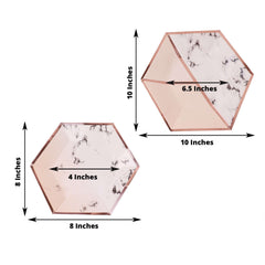 50-Pack Paper Hexagon Dinner and Dessert Plates in Blush with Marble Design & Rose Gold Foil Rim - Chic Disposable Geometric Party Plates Set for 25 Guests 8", 10"