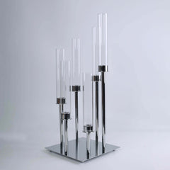 6-Arm Cluster Taper Candle Holder Silver with Clear Glass Shades - Sleek Candle Display for Gatherings 24"