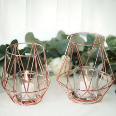 2-Pack Metal Candle Holders Rose Gold Wired Design - Stylish Glass Votive Holder Set 7"