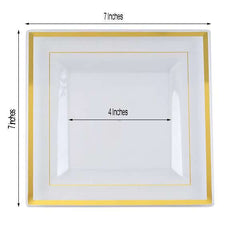 10-Pack Plastic Salad Dessert Plates Clear Square with Gold Trim - Durable Disposable Appetizer Plates 7"