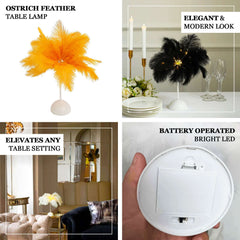 Table Lamp Ostrich Feather Design Black LED Battery Operated - Cordless Wedding Centerpiece 15"