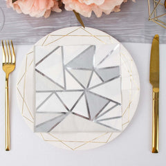 20-Pack Paper Party Napkins with Geometric Silver Foil Print - 2 Ply Soft Disposable Beverage Napkins for Weddings 6.5"x6.5"