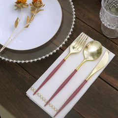 24 Pack 8" Metallic Gold With Cinnamon Rose Disposable Silverware Set, Modern Premium Plastic Utensil Set