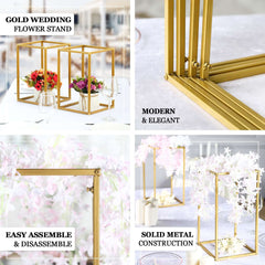 2-Pack Wedding Flower Stand Gold Metal Geometric Column Frame Rectangular - Versatile Floral Pedestal for Sophisticated Arrangements 32"