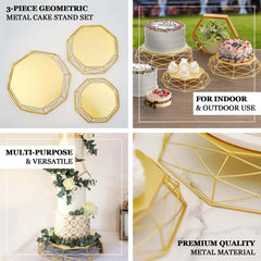 Set of 3 Metal Cake Stands Geometric Reversible Octagon Design Gold - Dessert Display Baskets 7", 9", 11"