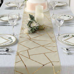 Polyester 9ft Table Runner Beige with Gold Foil Modern Geometric Accent