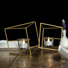 Set of Metal Candle Holders Linked Geometric Design Gold - Chic Votive Glass Decor for Events & Gatherings 9"