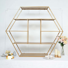 Metal Hexagonal Cake Dessert Display Stand Gold - Large Multi Functional Modern Bookcase Party Backdrop for Balloons Floral Installations & Event Decor 4ft
