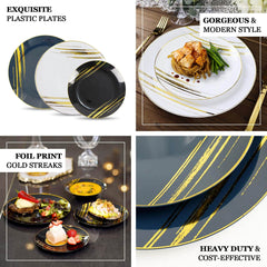 10-Pack Plastic 7" Round Dessert Plates in Navy Blue with Gold Brush Stroked Print - Disposable Appetizer Salad Plates