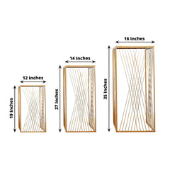 Set of 3 Gold Metal Rectangular Plant Stands with Geometric Crossed Lines Pattern, Nesting Cake Dessert Tables Floral Display Stands - 19",27",35"