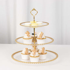 3-Tier Plastic Round Cupcake Tower Stand Clear - Versatile Dessert Display Tea Party Serving Platter with Gold Beaded Rim & Top Handle 14"