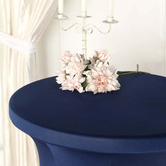 Spandex 32" Round Cocktail Table Cover Skirt Navy Blue With Natural Wavy Drapes