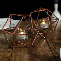 Set of Metal Candle Holders Linked Geometric Design Rose Gold - Modern Table Decor with Votive Glass for Gatherings 11"