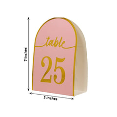 25-Pack Paper Wedding Table Numbers 1-25 Blush Arch Cutout Design - Sleek & Modern Free Standing Double Sided Table Tent Cards with Metallic Gold Foil Numbers 7"