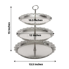 3-Tier Plastic Round Cupcake Stand 15" Metallic Silver with Lace Scalloped Edges - Multifunctional Space Saving Dessert Display Tower Pastry Serving Tray for Classy Events