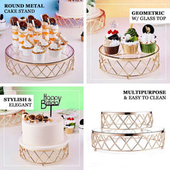 Metal Cake Stand Geometric Diamond Cut Design Gold with Glass Top - Dessert Display Riser 16"