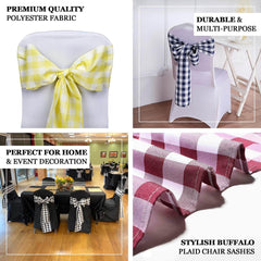 5 Pack Polyester Chair Sashes Yellow/White Buffalo Plaid - Durable & Reusable Chair Bows 6"x108"