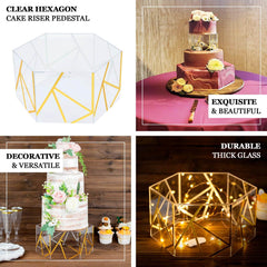 Acrylic Cake Stand Pedestal Riser Box Hexagonal Design Clear and Gold 10"x5" - Decorative Event Display