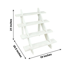 4-Tier Wooden Ladder Shelf Whitewashed Rustic Design - Cascading Stair Step Dessert Display Cupcake Holder 21"