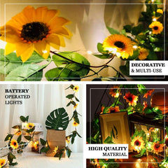 20 LED Garland Vine String Lights Sunflower Design Warm White - Battery Operated Party Accent 8ft