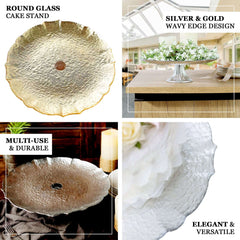 Glass Pedestal Cake Stand Scalloped Edge Design Silver - Cupcake Holder and Dessert Display Plate 14"