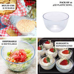 12-Pack Plastic Mini Snack Bowls Clear - Compact Disposable Bowls for Parties 4oz
