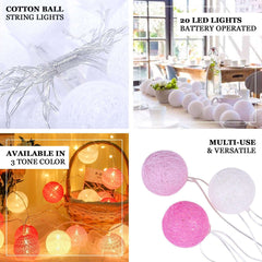 20 LED String Light Garland Pink Cotton Ball Blush, Fuchsia Warm White - Battery Operated Accent Piece 13ft