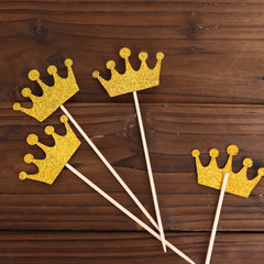 24-Pack Cupcake Topper Picks Royal Crown Design Glitter Gold - Party Cake Toppers 5"