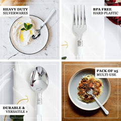 25-Pack Plastic Forks Light Silver Heavy Duty with White Handles - Reliable Disposable Tableware 7"