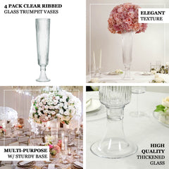 4-Pack Glass Trumpet Vases Ribbed Design Clear - Durable Flower Centerpieces for Events 26"
