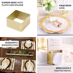 4 Pack Matte Gold Metal Square Napkin Rings with Place Card Holder, Modern Design Multipurpose Napkins Rings