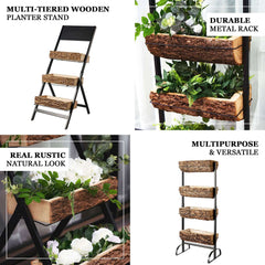 42" 4-Tier Metal Ladder Plant Stand With Natural Wooden Log Planters