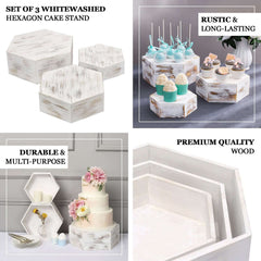 Set of 3 Wooden Dessert Display Boxes Whitewashed Hexagonal Design - Stackable Riser Cake Stand 9", 11", 13"