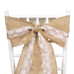 Natural Burlap Chair Sash 5"x108" with Lace Hessian Jute - Rustic Bow Design for Weddings & Gatherings