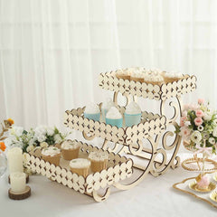 3-Tier Wooden Dessert Display Rectangular Laser Cutout Design Natural - Serving Platter Cupcake Mini Cake Tray 22"