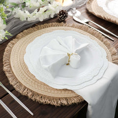 4-Pack Placemats Fringed Edge Design Natural Rustic Burlap Jute Round - Farmhouse Style Table Mats with Trim 15"