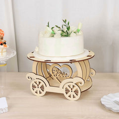 Wooden Wedding Cake Stand Carriage Shape Natural with Laser Cut Design - Round Cupcake Holder Display Plate 12"