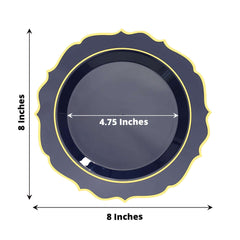 10-Pack Plastic 8" Round Desert Plates in Navy Blue with Gold Scalloped Rim - Disposable Appetizer/Salad Plates