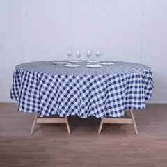 Polyester 108" Round Tablecloth White/Navy Blue - Checkered Buffalo Plaid Table Cover