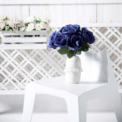 12" Navy Blue Artificial Velvet-Like Fabric Rose Flower Bouquet Bush