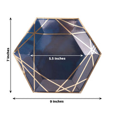25-Pack Paper 7" Hexagon Dessert Plates in Navy Blue with Gold Geometric Lines & Rim - Stylish Disposable Geometric 300GSM Appetizer Salad Plates
