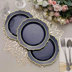 10-Pack Plastic 8" Round Desert Plates in Navy Blue with Gold Scalloped Rim - Disposable Appetizer/Salad Plates