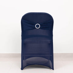 Stretch Spandex Chair Cover Navy Blue for Folding Chairs - Secure Fit Slipcover with Silver Rhinestone Buckled Sash Band