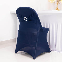 Stretch Spandex Chair Cover Navy Blue for Folding Chairs - Secure Fit Slipcover with Silver Rhinestone Buckled Sash Band